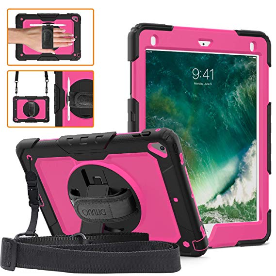 DUNNO iPad 9.7 2017/2018 case - Heavy Duty Protective Case with 360° Rotating Kickstand & Built-in Screen Protector Shockproof Design for Apple iPad 9.7 inch 2017/2018 (5th/6th Gen) (Black/Rose)