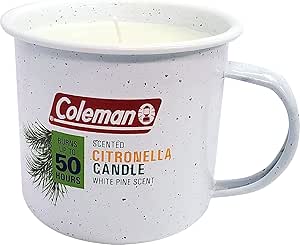 Coleman Repellents Tin Mug Outdoor Citronella Candle | Rustic Outdoor Camping Candle with White Pine Scent, White