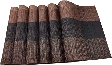 Gugrida Exquisite Placemats Set of 6 Woven Vinyl Placemat for Dining Table Heat Resistant Wipe Clean (6, Ombre Coffee Black)