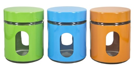 Glass Kitchen Storage Jars - Set of 3 Food Storage Containers With Lids in Designer Colors - 3.75 W x 4.8" H - 17 Oz. - Premium Quality