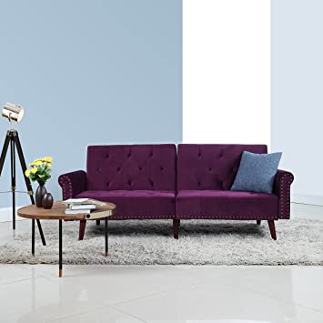 Divano Roma Furniture Modern Tufted Velvet Splitback Recliner Sleeper Futon Sofa with Nailhead Trim (Purple), Small