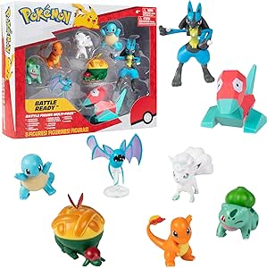 Pokemon Battle Ready! Figure Set, 8 Pieces - Playset with 2 & 3 inch Figures - Charmander, Bulbasaur, Squirtle, Lucario, Zubat, Appletun, Alolan Vulpix & Porygon - Gift for Kids, Boys, Girls