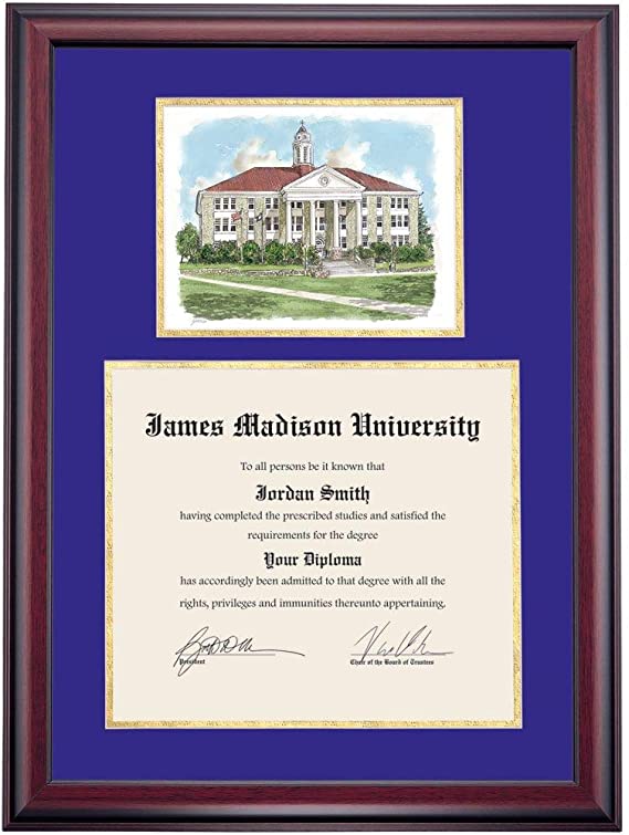 OCM DiplomaDisplay Premier Frame for James Madison University JMU Dukes | 12" x 16" Diploma Certificates | Purple/Gold Mat | Wilson Hall Watercolor | Graduation Gift