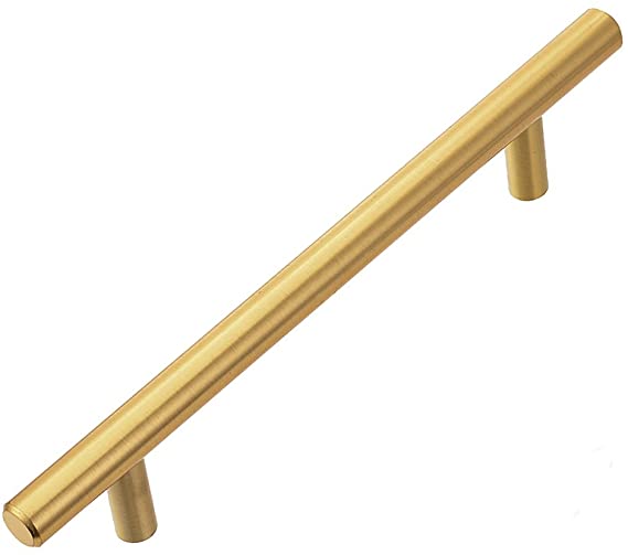 Lizavo 701-128BB Brushed Brass Modern Gold Cabinet Pulls Long Solid Euro Style T Bar Kitchen Cabinet Handles- 5 inch (128mm) Hole Centers- 10 Pack