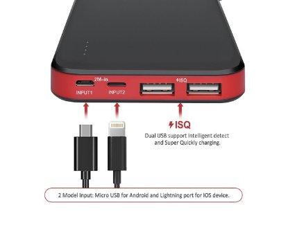 BAITER Blockbuster British Designed Only One Cable 10400mAh Power Bank-- With Dual Output Ports and Dual Input Ports (Lightning Micro USB) for iPhone, iPad, Samsung, Kindle, Speakers, Tablets and Cellphones (Black-red)