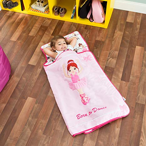EVERYDAY KIDS Toddler Nap Mat with Removable Pillow -Born to Dance Ballerina- Carry Handle with Straps Closure, Rollup Design, Soft Microfiber for Preschool, Daycare, Sleeping Bag - Ages 2-4 Years