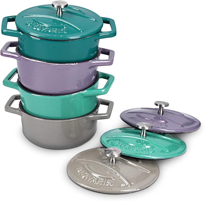 Navaris Cast Iron Round Cocottes (Set of 4) - 4.1" Mini Cocotte Dutch Oven Dishes with Enamel Coat, 9.8 oz - Dishwasher-Safe - Teal/Violet/Green/Grey