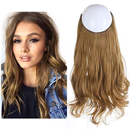 SARLA 14" 16" 18" 4.3oz Synthetic Wavy Halo Hair Extension Natural Hairpieces No Clip No Glue No Tape M01 (18" wave,#27 Golden Auburn)