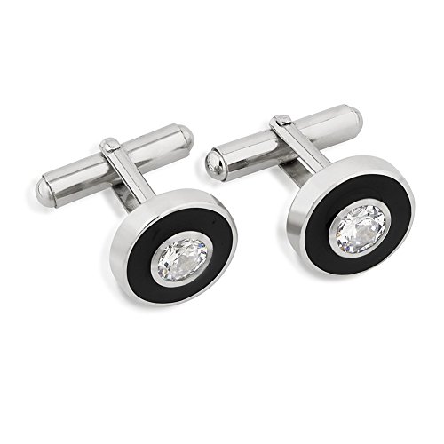 Rhodium Plated 925 Sterling Silver Cubic Zirconia CZ Black Resin Round Set of Two (2) Mens Cufflinks