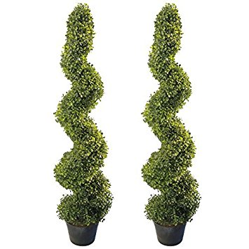 4' Artificial Topiary Spiral Boxwood Trees (Set of 2) by Seven Oaks | Highly Realistic Potted Decorative Buxus Shrubs | Fake Plastic Plants for Home / Garden | Indoor & Outdoor Use | UV Protected