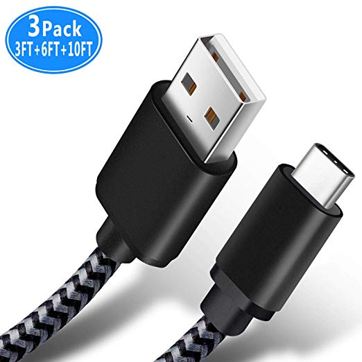 USB C Cable, X-EDITION (3-Pack/3ft,6ft,10ft) USB Type C Cable Nylon Braided Fast Charger Charging Cord Compatible Samsung Galaxy S10 S9 S8 Plus Note 9 8, LG V40 V30 G7 G6, Google Pixel 3 2 (Gray)