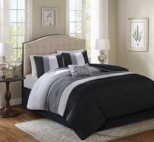 Comfort Spaces – Windsor Comforter Set- 5 Piece – Black, Grey, Light Grey – Pintuck pattern – Full/Queen size, includes 1 Comforter, 2 Shams, 1 Decorative Pillow, 1 Bed Skirt