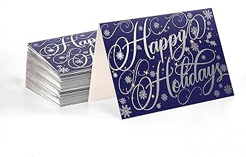 Better Office Products 50 Pack Happy Holidays Cards with Silver Foil Accents, 5" x 7", High Gloss, Interior Greeting, with 50 Envelopes, Christmas Cards, New Years Cards, 50 Count Boxed Set