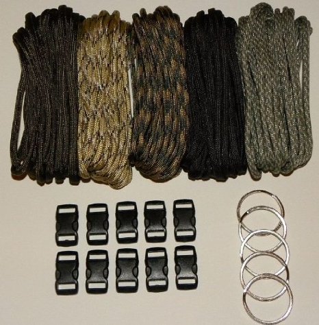 550 Paracord Kit - Five Colors Olive Drab ACU Woodland Camo Desert Camo and Black 100 Feet Total w10 38 Black Side Release Buckles and 5 32mm Key Rings