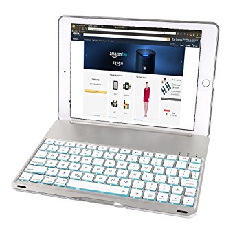 iPad Air 2 Keyboard Case, iEGrow F8S  Slim Bluetooth Clamshell Keyboard Case with 7 Colors LED Backlit for iPad 6 (Silver)