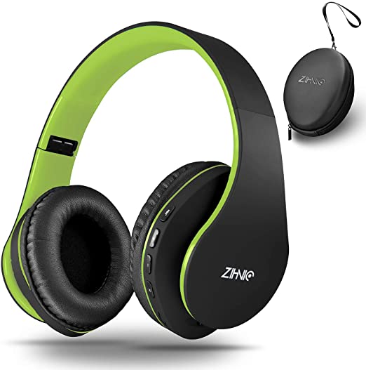 zihnic Bluetooth Headphones Over-Ear, Foldable Wireless and Wired Stereo Headset Micro SD/TF, FM for Cell Phone,PC,Soft Earmuffs &Light Weight for Prolonged Waring(Black/Green) (Black-Green)