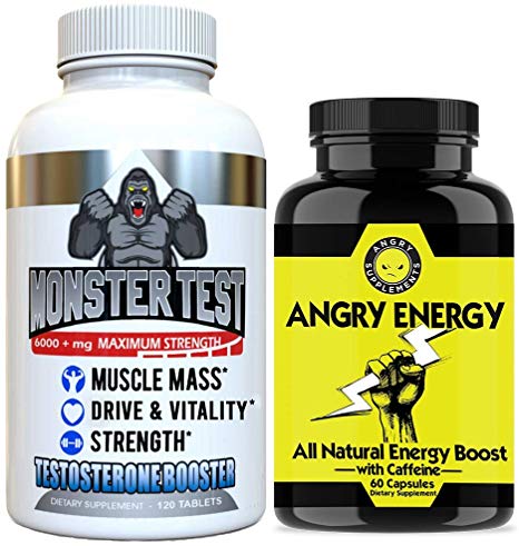 Angry Supplements Monster Test Testosterone Booster   Angry Energy 2-Bottle Bundle - Maximum Strength Testosterone Boosting Energy & Stamina Pack for Men - Safe, Natural Pills (2-Bottles, 180 Count)