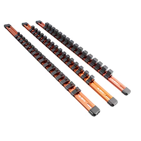 ABN Orange Aluminum SAE Socket Holder Rail 3pc Set – 1/4in, 3/8in, 1/2in Tool Socket Organizer Rails with Clips