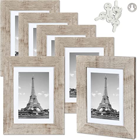 upsimples 4x6 Picture Frame Distressed Burlywood with Real Glass, Display Pictures 3.5x5 with Mat or 4x6 Without Mat, Multi Photo Frames Collage for Wall or Tabletop Display, Set of 6