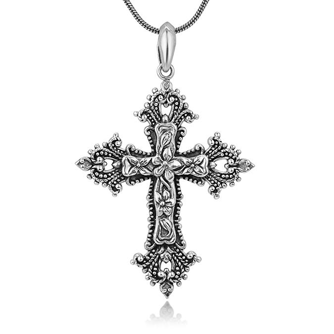 925 Sterling Silver Detailed Antique Cross Crown Flower Vintage Unisex Pendant Necklace, 18" Chain