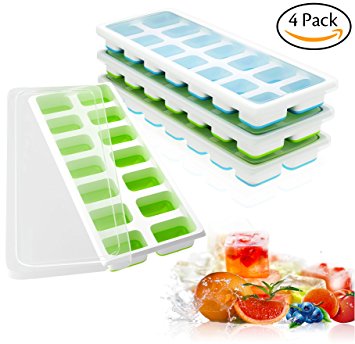 Ouddy 4 Pack Ice Cube Molds with Lids, Silicone Ice Cubes Trays, Make 56 Ice Cubes, Stackable Durable and Safe, Nontoxic and Odor Free - Blue & Green