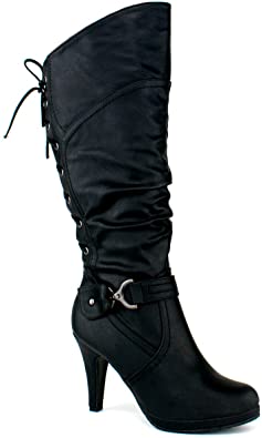 TOP Moda Women's Knee Lace-up High Heel Boots