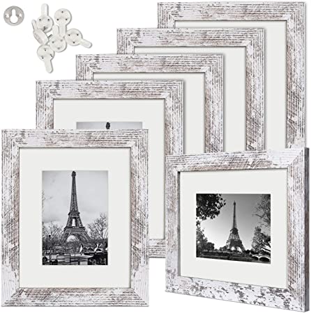 upsimples 8x10 Picture Frame Wood Pattern Distressed White with High Definition Glass,Display Pictures 5x7 with Mat or 8x10 Without Mat,Multi Photo Frames Collage for Wall or Tabletop Display,Set of 6