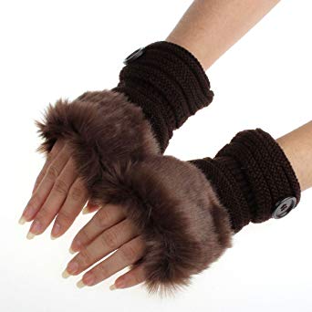 Yoyorule Women Warm Winter Faux Rabbit Fur Wrist Fingerless Gloves Mittens