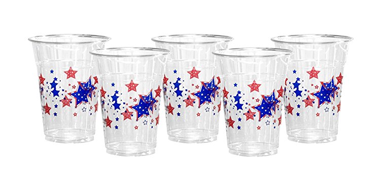 Party Essentials N620555 60 Count Soft Plastic 16 oz Printed Party Cups, Patriotic Stars, Clear