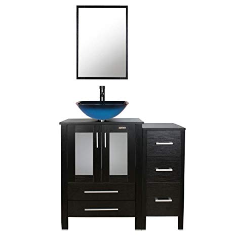 eclife 36’’ Bathroom Vanity Sink Combo Black W/Side Cabinet Vanity Ocean Blue Square Tempered Glass Vessel Sink & 1.5 GPM Water Save Faucet & Solid Brass Pop Up Drain,With Mirror (A04B11)