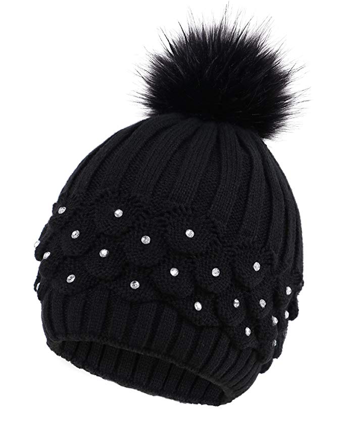 Arctic Paw Horizontal Cable Knit Beanie with Sequins and Faux Fur Pompom