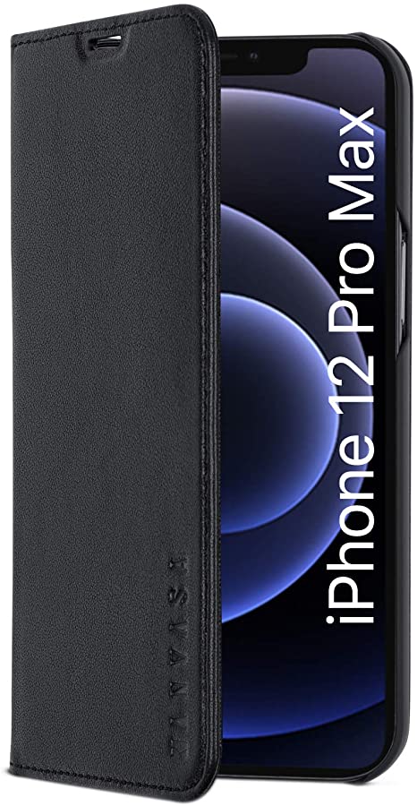 iPhone 12 Pro Max Leather Case Flip Cover Black - KANVASA Pro Premium Genuine Leather Wallet Book Folio Case for The iPhone 12 Pro Max (6.7 inch) - Ultra Thin with Magnetic Closure