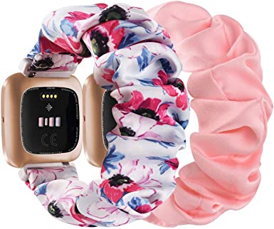 Vancle Scrunchie Bands Compatible for Fitbit Versa/Versa 2/Versa Lite/Versa SE, Soft Cloth Elastic Pattern Printed Fabric Strap Replacement Special Edition Bracelet for Fitbit Versa Smart Watch Women Men Small Large