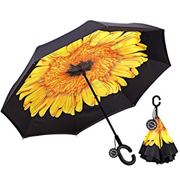 Monstleo Inverted Umbrella Double Layer Cars Reversible Umbrella,Windproof UV Protection Big Straight Umbrella for Car Rain Outdoor With C-Shaped Handle and Carrying Bag