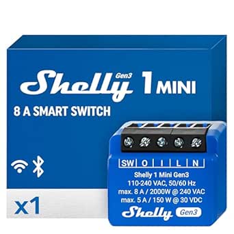 Shelly 1 Mini Gen3 | WiFi & Bluetooth Smart Switch Relay 1 Channel 8A | Home Automation | Compatible with Alexa & Google Home | iOS Android App | No Hub Required | Dry Contacts