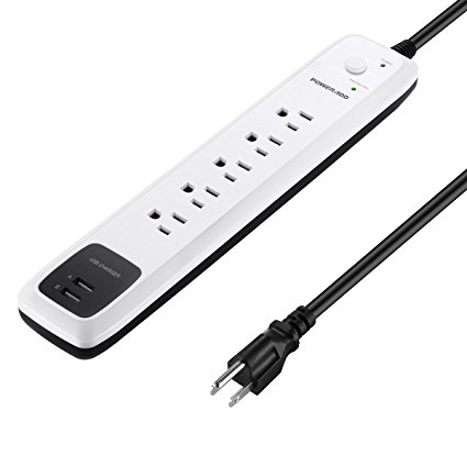 Poweradd 5-Outlet Surge Protector Power Strip 6ft Cord with Dual Smart USB Ports for TV, Laptop, Computer, Hair Dryer, Smartphones, Tablets and More