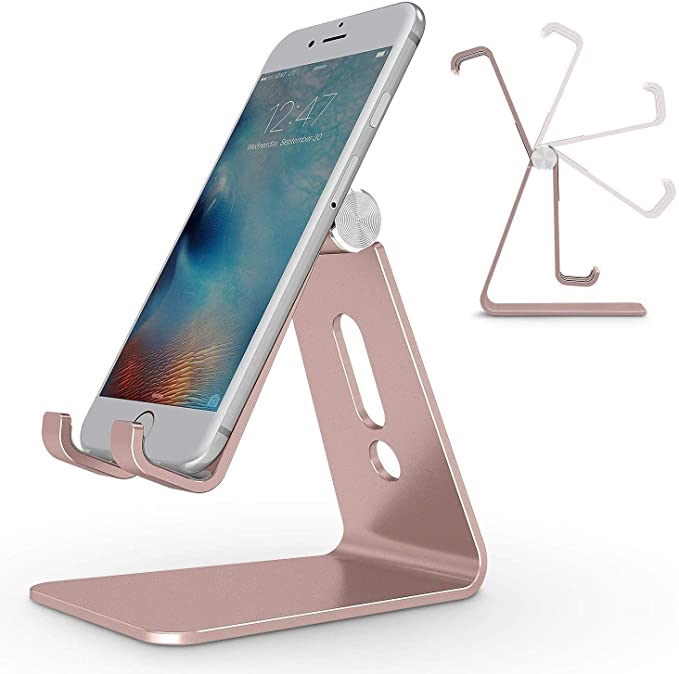 Adjustable Cell Phone Stand, OMOTON Aluminum Desktop Cellphone Stand with Anti-Slip Base and Convenient Charging Port, Fits All Smart Phones, Rose Gold