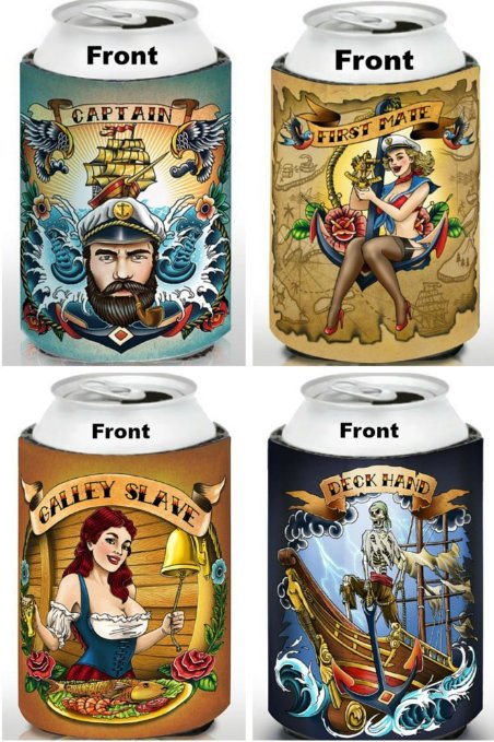 Boater's Cozy 4 Pack ~ Boating Gifts, Bar Accessories, Colorful Old School Tattoo Style Neoprene Collapsible Can Coolers