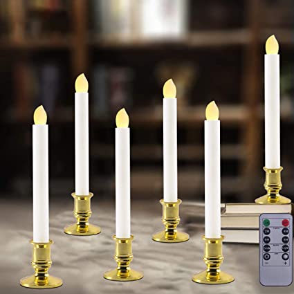Windows Candles with Remote Timer Battery Operated Flickering LED Electric Candle Lights with Removable Tapers Pillar Candle Holders for Christmas Decorations Seasonal Celebration 6pcs Gold Base