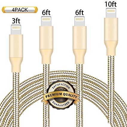 Nutmix iPhone Cable 4P 3FT 6FT 6FT 10FT Nylon Braided Certified Lightning to USB iPhone Charger for iPhone X/8/8 Plus/7/7 Plus/6/6 Plus/6S/6S Plus,iPad,iPod Nano 7 Gold