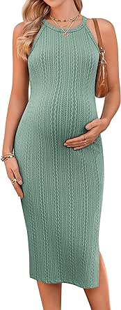 Ekouaer Maternity Dress Rib Knit Side Slit Stretchy Bodycon Pregnancy Dresses Halter Neck Sleeveless Pregnant Clothes