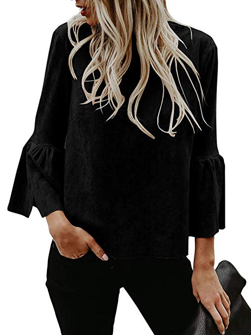 Chellysun Womens Bell Sleeve Tops Suede Crew Neck Casual Fall Cute T Shirt Blouse