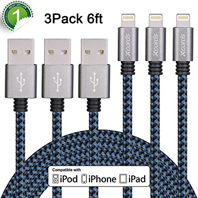 Xcords(TM) 3Pack 6ft Nylon Braided iPhone Lightning to USB Syncing and Charging Cable Data Cord for iPhone 7/7 Plus/ 6/ 6 Plus/ 6s/ 6s Plus /5/5s/SE iPad/iPod/Beats Pill  and more(Black&Blue)