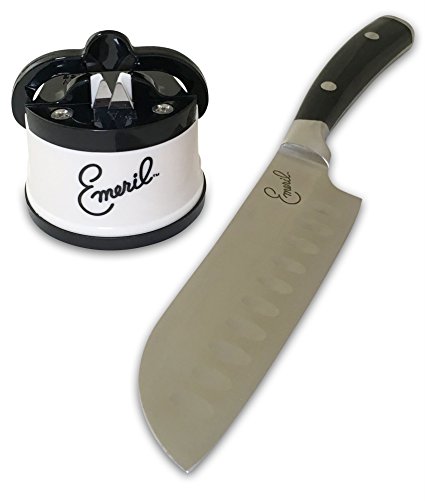 Emerilware Santoku Kitchen Knife Full Tang Stainless Steel Blade and White Suction Mount Knife Sharpener (White)