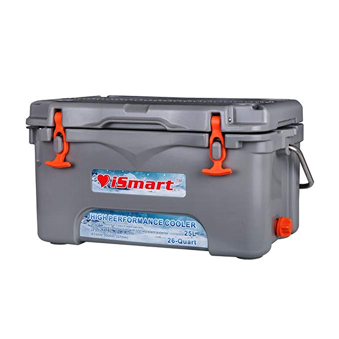 iSmart 26 Quart Ice Chest Rotomolded Cooler Box with Bottle Opener,High Performance Commercial,Gray,25L