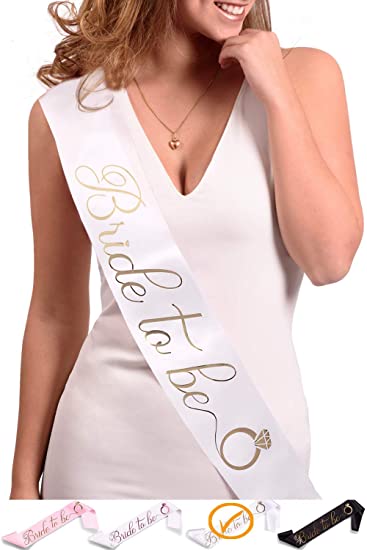 Bride to Be Sash - Bachelorette Party Shower Gift - Bridal Accessories - Wedding Gift Decorations Favors - Engagement Present (White/Gold)