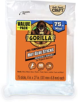 Gorilla Hot Glue Sticks, Mini Size, 4" Long x .27" Diameter, 75 Count, Clear, (Pack of 1)