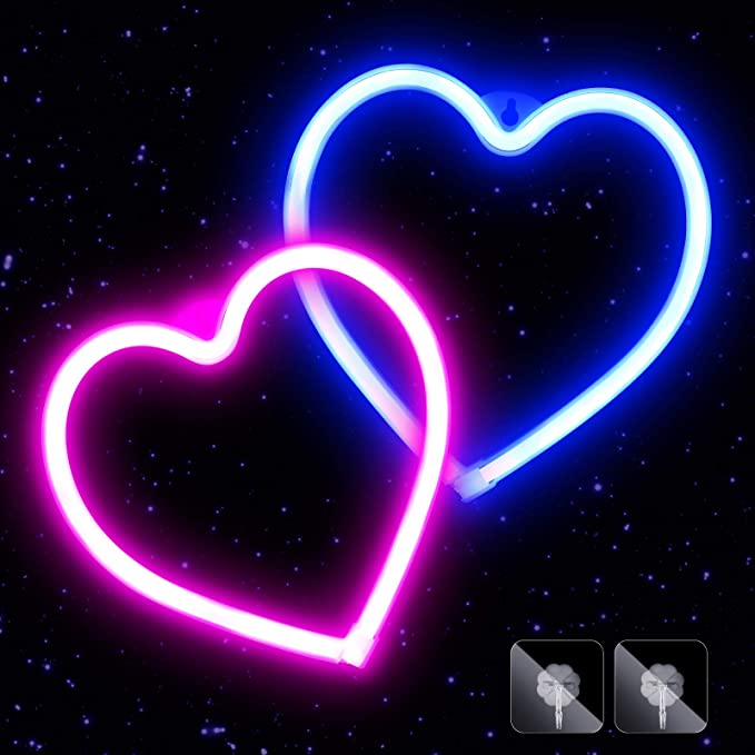 2 Pieces Heart Neon Sign LED Pink Heart Neon Sign Wall Decor Lights with Hanging Hook Holes USB or Battery Heart Shaped Neon Sign for Wedding Valentines Christmas Girlfriend Birthday Party Bedroom