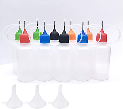 10 Pcs Precision Tip Applicator Bottles,30ml /1 Ounce,10 Translucent Bottles and 10 Colored Tips, Come with 3 Pcs Mini Funnel for DIY Quilling Craft