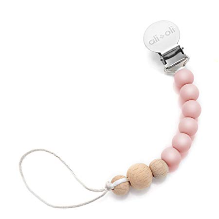 Modern Pacifier Clip for Baby - 100% BPA Free Silicone Beads (Soft Pink Wood) Binky Holder for Newborn Paci - Infant Baby Shower Gift - Universal fit MAM - Philips Avent